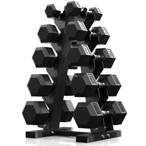 PAPABABE Hex Dumbbell Sets with Rack, 60-550lb Rubber Coated Dumbbell Weight Set and Storage Rack, Multiple Options Hand W...