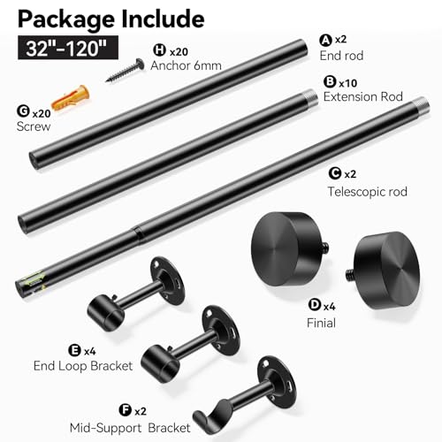 YaFex 2 Pack Heavy Duty Curtain Rods 32-120 Inch, 1 Inch Adjustable Long Curtain Rods for Windows, Black Window Treatment ...