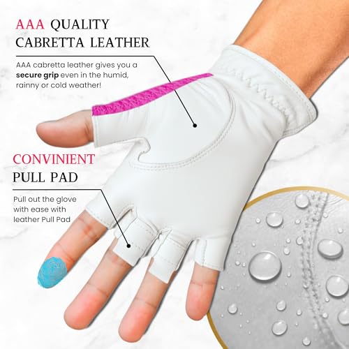 Caddy Classic Ladies Golf Glove Women | Half Finger Mesh Design for High Breathability | Premium Leather uction for Comfor...
