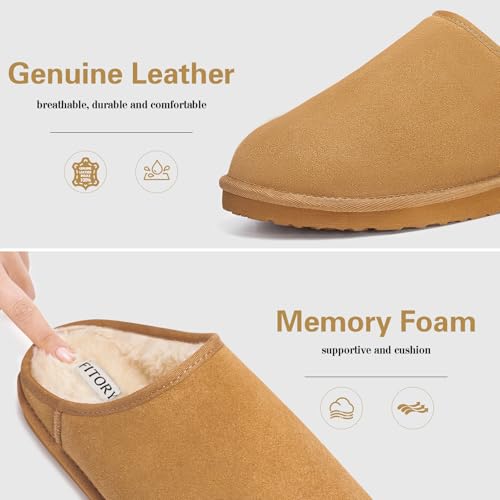 FITORY Men’s Winter Genuine Leather Slippers, Comfy Memory Foam Suede Shoes with Warm Fleece-Lined for Indoor and Outdoor ...