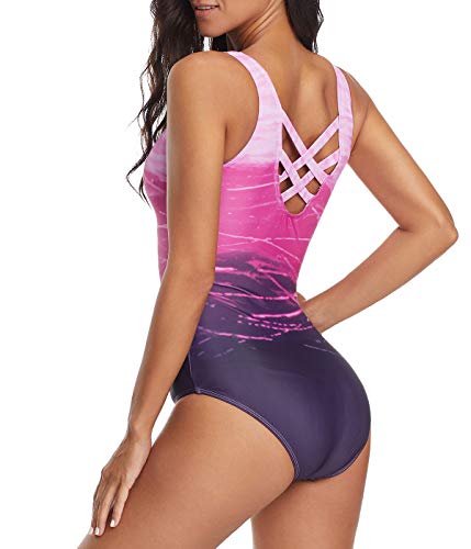 American Trends One Piece Swimsuit Women Criss Cross Back Color Block Print Bathing Suits Athletic Modest Swimwear