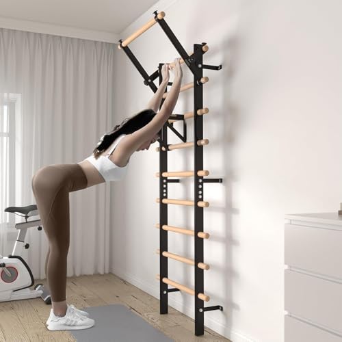 GMWD Swedish Ladder, Stall Bar, Suspension Trainer with Pull-Up Bar and Dip Bar Attachments, Wooden Stall Bar with 9 Strat...