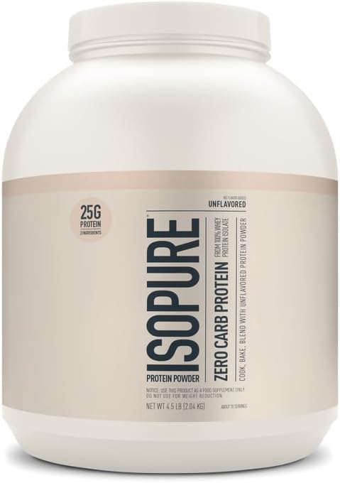 Isopure Zero Carb 100% Pure Whey Isolate Protein Powder, Lactose Free, Gluten Free, with Vitamins, Unflavored, 25g Protein Per Serving, 4.5 Lbs, 50 Servings (Packaging May Vary)