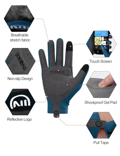 INBIKE Breathable Bike Gloves for Men Women, Full Finger Pad Cycling Gloves, Touchscreen Reflective Mountain Biking Bicycle