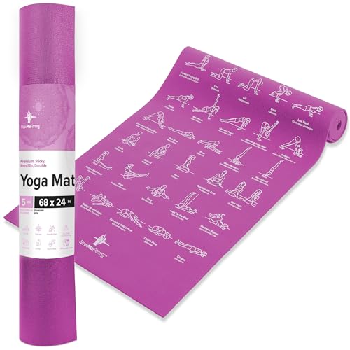 NewMe Fitness Yoga Mat for Women and Men - Large, 5mm Thick, 68 Inch Long, Non Slip Exercise Mats w/ 70 Printed Yoga Poses...