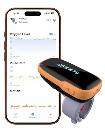 Vibeat WearO2 Blood Oxygen Monitor — Bluetooth Pulse Oximeter for Continuous O2 and Heart Rate Tracking Rechargeable, Wear...