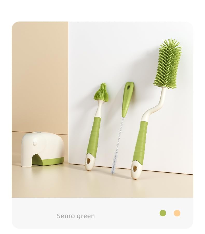 360° Rotating Silicone Bottle Cleaning Brush Set, Includes Baby Bottle Brush, Nipple Cleaner, Straw Brush and Drying Stand. (Green)