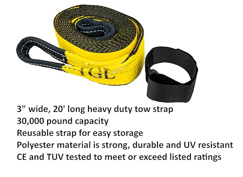 TGL Heavy Duty Tow Strap with Loops, 3" x 20', 30,000 lb Break Strength, Reinforced Loops - Emergency Strap for Truck, UT...