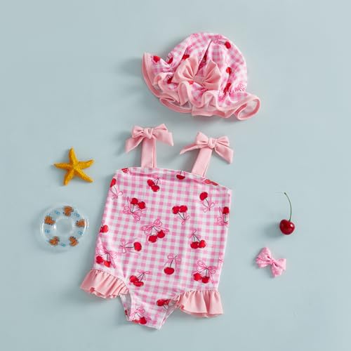 BSaogr Infant Girl Onepiece Swimsuit Cute Printed Sleeveless Ruffle Romper Beach Wear Bathing Suit with Swim Cap