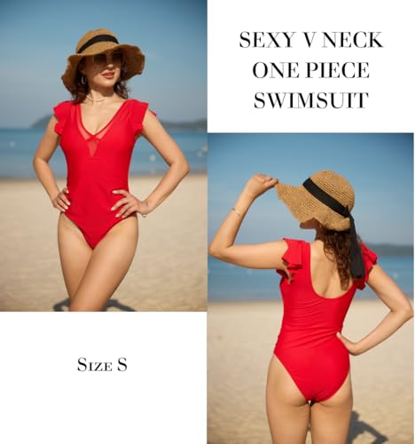AI'MAGE One Piece Swimsuits for Women Sexy Mesh Deep V Neck Bathing Suit Ruffle Cap Sleeve Tummy Control Swimwear S-XXL