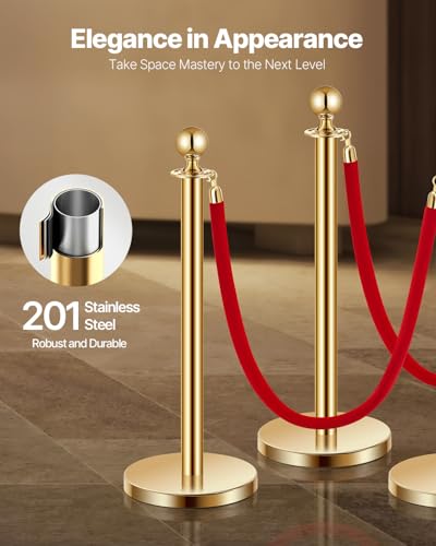 VEVOR Stanchions and Velvet Ropes 6Pcs, Hollow Base with Stainless Steel Post, 4 Red Velvet Ropes and Posts, Crowd Control...
