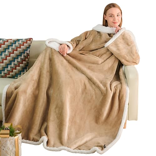 Ramees Sherpa Wearable Blanket with Sleeves and Pockets, Soft Warm TV Blanket Throw for Men and Women