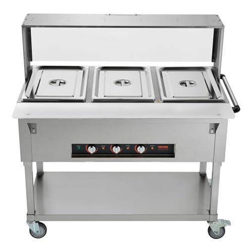 VEVOR 3-Pan Commercial Food Warmer, 3 x 20.6QT Electric Steam Table, 1500W Professional Buffet Catering Food Warmer with Acrylic Sneeze Guard, Food Grade Stainless Steel Server for Party Restaurant
