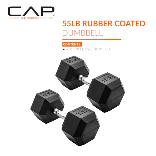 CAP Barbell 55 LB Rubber Coated Hex Dumbbell Hand Weight - Pair | Chrome Handle