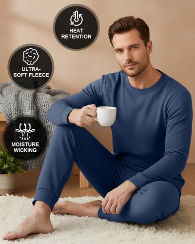 Patelai 2 Pack Thermal Underwear for Men Fleece Lined Winter Base Layer Set Long Sleeve Crew Neck Top and Bottom