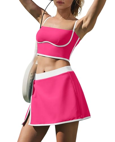LAMISSCHE Tennis Skirt Sets Women 2 Piece Outfits Yoga Workout Set Skirt and Top Set with Built in Bra & Shorts