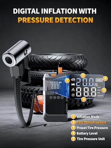6000A Jump Starter with 160PSI Air Compressor, 12V Portable Car Jumper Starter (All Gas/12L Diesel), Jump Box with Jump Cl...