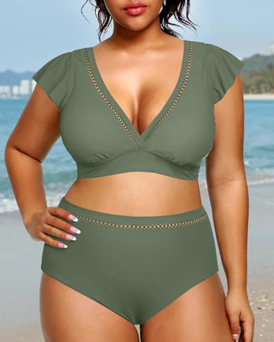 Daci Plus Size Two Piece Bikini Swimsuits - High Waisted Tummy Control Women Bathing Suits with Ruffle Sleeve Swimwear