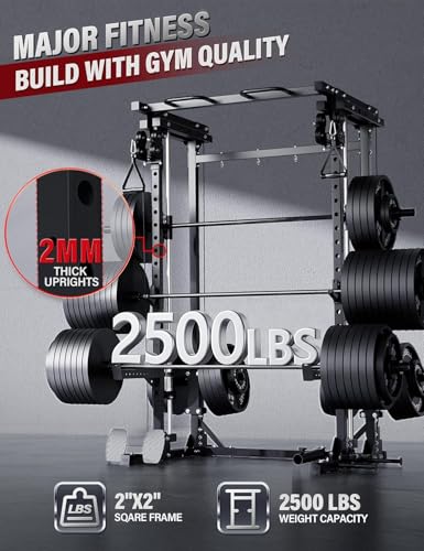 MAJOR FITNESS Drone3 Smith Machine, 2500lbs All-in-One Home Gym Power Rack with Dual Pulley System for Cable Crossover, Pu...