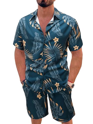 WDIRARA Men's 2 Piece Beach Outfits Tropical Floral Print Short Sleeve Button Shirt and Shorts Set