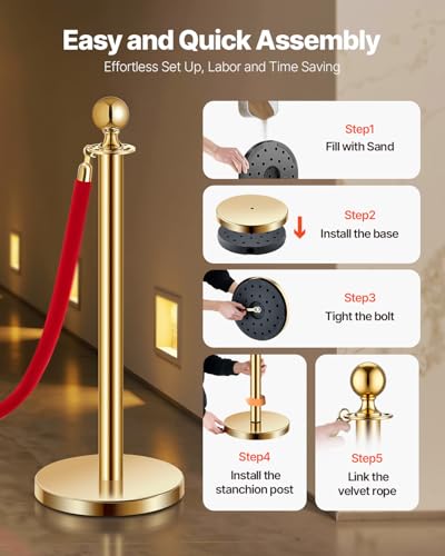 VEVOR Stanchions and Velvet Ropes 6Pcs, Hollow Base with Stainless Steel Post, 4 Red Velvet Ropes and Posts, Crowd Control...