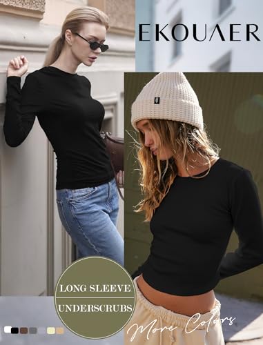 Ekouaer Women Long Sleeve Shirts Thermal Underwear Tops Round Neck Undershirts Slim Fit Basic Tees Soft Lightweight Tshirts