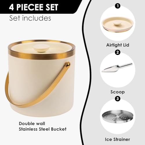 3L beige white Double Wall Insulated Stainless Steel Ice Bucket with scoop for Cocktail Bar,Metal Ice Bucket for freezer w...