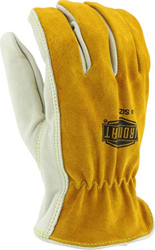 Ironcat Premium Grade Top Grain Cowhide Leather Drivers Glove, Split Cowhide Back, Keystone Thumb, Brown/White