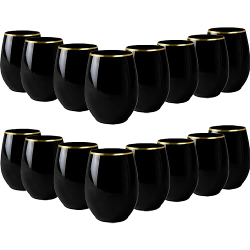 Black Stemless Plastic Wine Glasses With Gold Rim Design (12 Oz.) - Pack Of 16 - Disposable & Chic, Perfect For Parties, W...