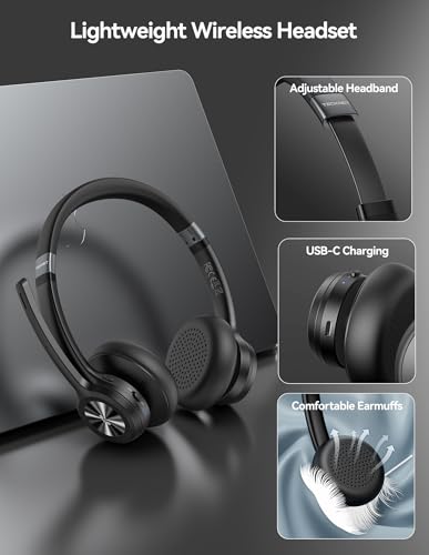 TECKNET Wireless Headset, Bluetooth Headset with Noise Cancelling Microphone - Rechargeable Bluetooth V5.2 Headphones, 50H...