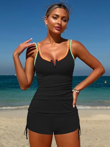 ZAFUL Women's V-Wire Tankini Swimsuits Tummy Control Ruched Top Two Piece Bathing Suits with High Waisted Shorts
