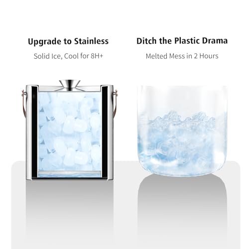 Bakpoco Double-Wall Vacuum Insulated Ice Bucket with Lid, Scoop, Ice Tong, Strainer & Leather Handle Keep Ice Frozen Longe...