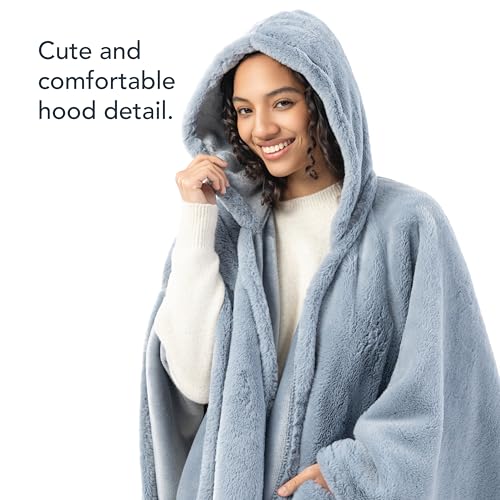Berkshire Faux Fur Wearable Blanket, Cozy Reversible Loftmink Fleece Shawl with Hood & Side Pockets