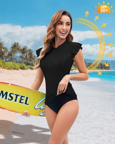 WOWENY Womens Padded Rash Guard Short Sleeve Swim Shirts 1/4 Zip UPF 50 Sun Protection Swimsuit Tankini Bathing Suit Top