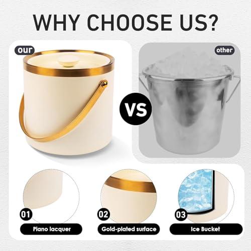 3L beige white Double Wall Insulated Stainless Steel Ice Bucket with scoop for Cocktail Bar,Metal Ice Bucket for freezer w...