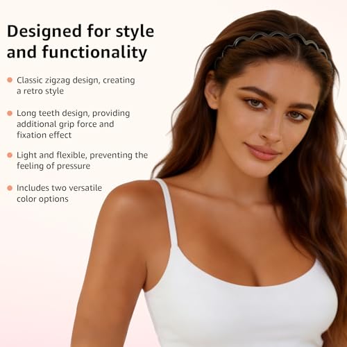 Botanikind 2 Pack Zig Zag Headbands for Women, Non-Slip Wavy Plastic Hair Comb Headbands with Teeth, U-Shape High Cranium ...