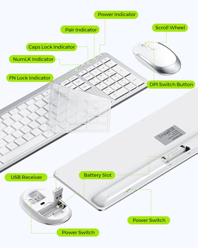 Wireless Keyboard and Mouse Combo - Full Size Slim Thin Wireless Keyboard Mouse with Numeric Keypad 2.4G Stable Connection...