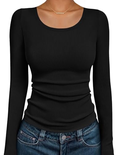 Ekouaer Long Sleeve Shirts for Women Ribbed Scoop Neck Tops 2025 Fall Basic Tees Fitted Thermal Undershirts Clothes XS-XXL