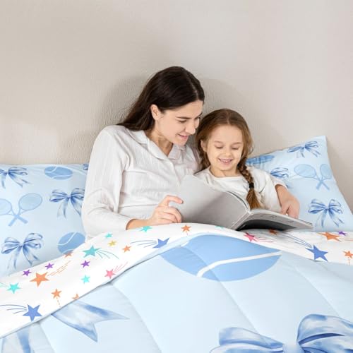 Castle Fairy Tennis Comforter Set Twin Size,Cartoon Tennis Racket and Ball Bedding Set 2 Pcs for Boys Girls,Kawaii Bowknot...