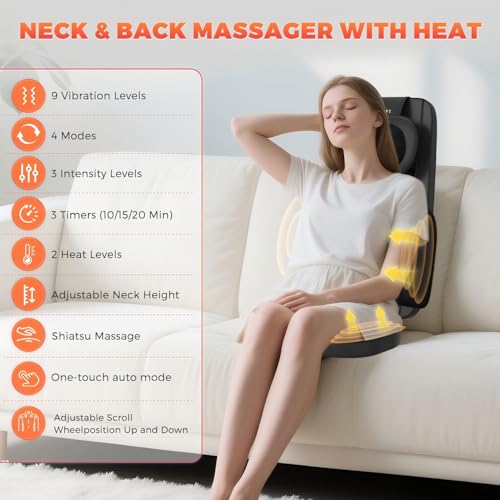 belhope Shiatsu Neck and Back Massager with Heat, 4D Kneading Back Massager for Pain Relief Deep Tissue, Comfortable Back ...