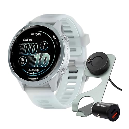 Garmin Forerunner 570 42mm GPS Running Smartwatch (Cloud Blue/Whitestone Band) Bundle with Stand, Charging Cable and Car C...