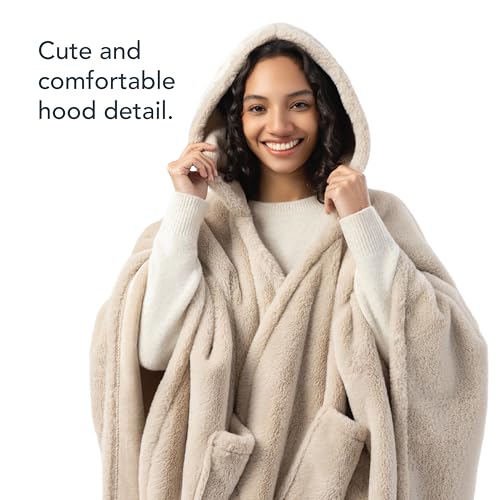 Berkshire Faux Fur Wearable Blanket, Cozy Reversible Loftmink Fleece Shawl with Hood & Side Pockets