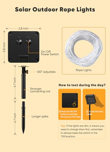 Brightown Solar Rope Lights, 39FT 100LED Outdoor Solar String Lights, IP65 Waterproof Solar Powered Fairy Lights with 8 Li...