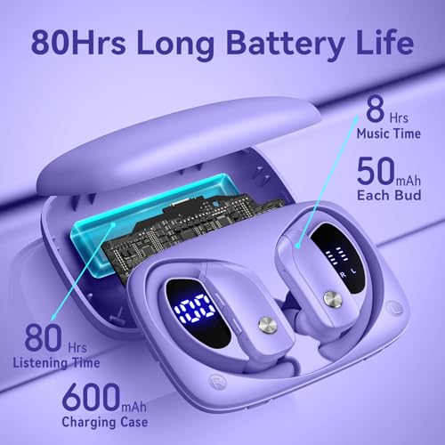 bmani Ear Buds Wireless Earbuds Bluetooth Headphones with 80H Playtime LED Display Case, Over-Ear Hook with Mic, Stereo So...