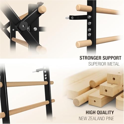 GMWD Swedish Ladder, Stall Bar, Suspension Trainer with Pull-Up Bar and Dip Bar Attachments, Wooden Stall Bar with 9 Strat...