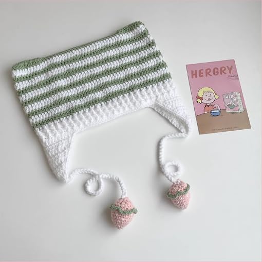Y2K Crochet Hat for Women Kawaii Cute Knit Hat Vintage Beanie Cat Ear Grunge Fairy Slouchy Headgear Accessories (Green)
