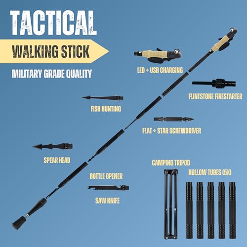 SmartstickX Collapsible Tactical Walking Stick with LED Light, USB Charging, Cork Grip, and Survival Tools – Aircraft Alum...