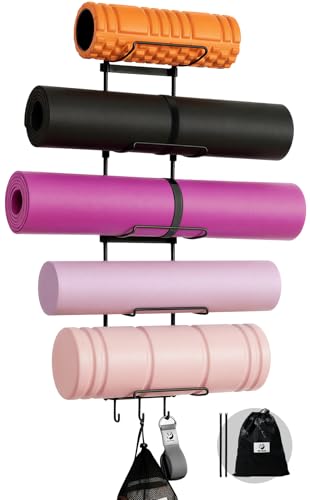 Slim Panda Yoga Mat Holder Wall Mount With Mesh Bag,Yoga Accessories Storage Rack,Home Gym Organizer with 5-Tier & 3 Hooks...