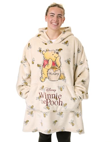 Disney Winnie The Pooh Womens Wearable Blanket Hoodie | Adults Beige Hooded Pullover with Teddy Bear Character and Bumble