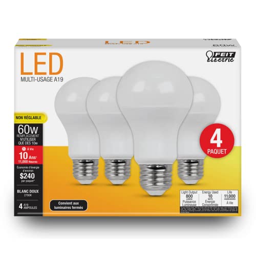 Feit Electric A19 Led Light Bulbs, 60W Equivalent, Non-Dimmable, 800 Lumens, 4 Pack, 2700K Soft White, E26 Base,